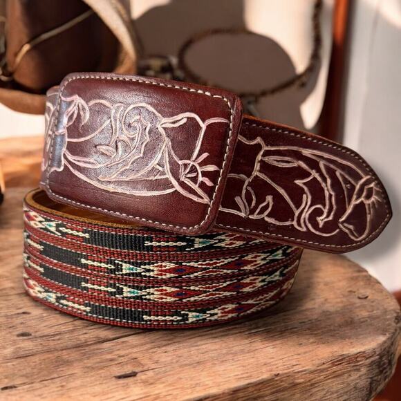 VTG Western Belt Mens Black Red Green Embroidery Leather Tooled Buckle Sz 36
